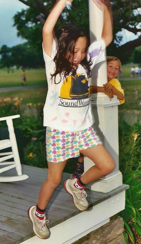 Catherine, age 7, taking one of life's many leaps of faith.