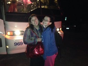 Catherine, right; and her friend Amanda boarding the bus.