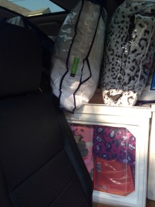 View inside the car, all packed and ready to go.