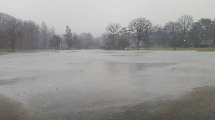 After the ice thawed Sunday morning, the rain poured down. By mid-afternoon, Binney Park in Old Greenwich was waterlogged.