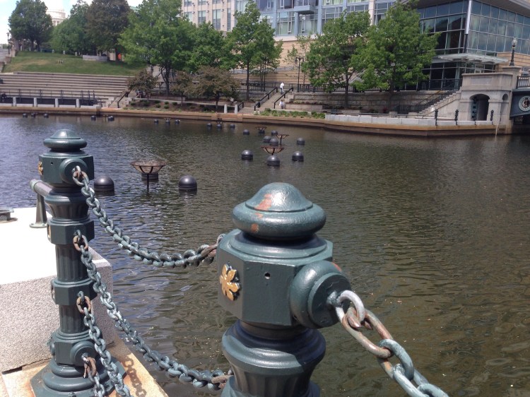 Sun-drenched Waterplace Park in Providence, RI, on May 22 -- all ready for WaterFire 2015